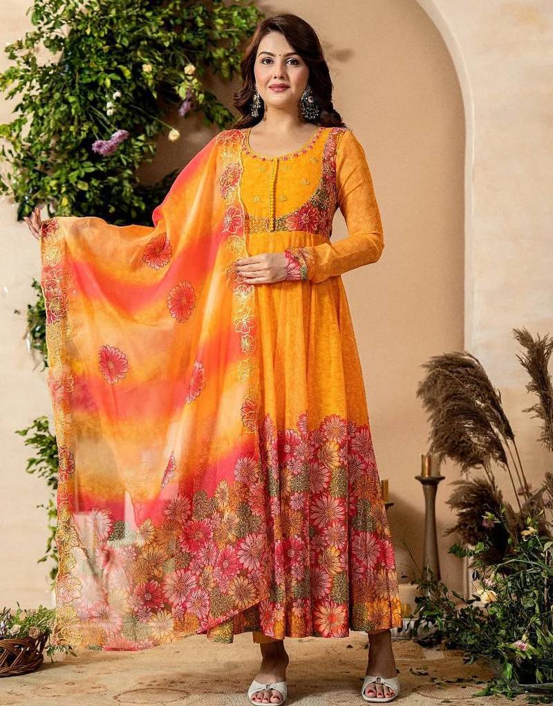 Multi color organza silk with digital print with embroideyr gown