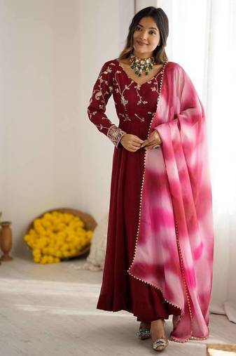 Maroon color crunchy silk embroidery work gown