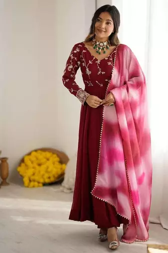 Maroon crunchy silk embroidery work gown