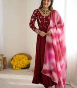 Maroon crunchy silk embroidery work gown