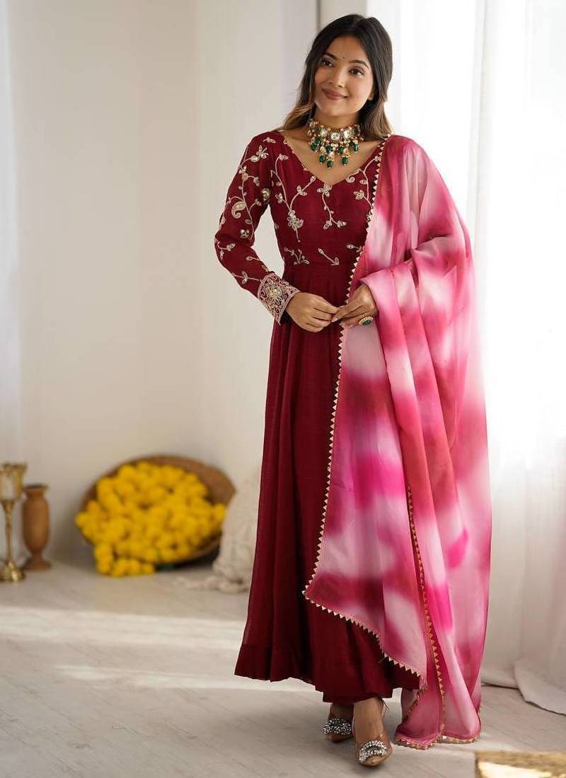 Maroon color crunchy silk embroidery work gown