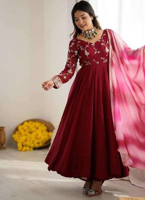 Maroon crunchy silk embroidery work gown 2