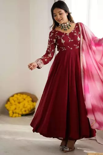 Maroon crunchy silk embroidery work gown