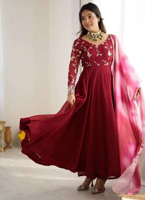 Maroon crunchy silk embroidery work gown 4