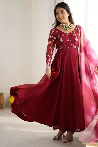 Maroon crunchy silk embroidery work gown