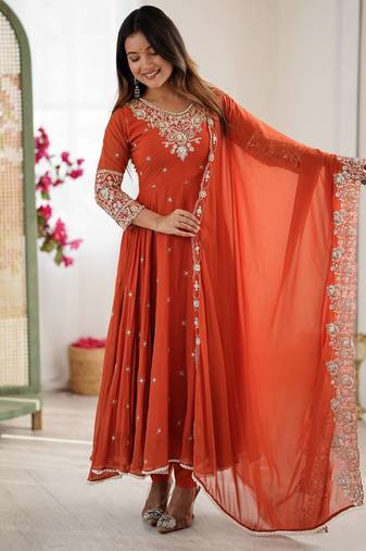 Orange color faux georgette embroidery work wedding wear gown