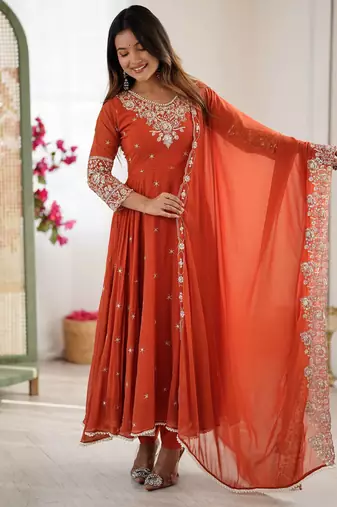 Orange color faux georgette embroidery work wedding wear gown
