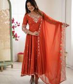 Orange faux georgette embroidery work wedding wear gown