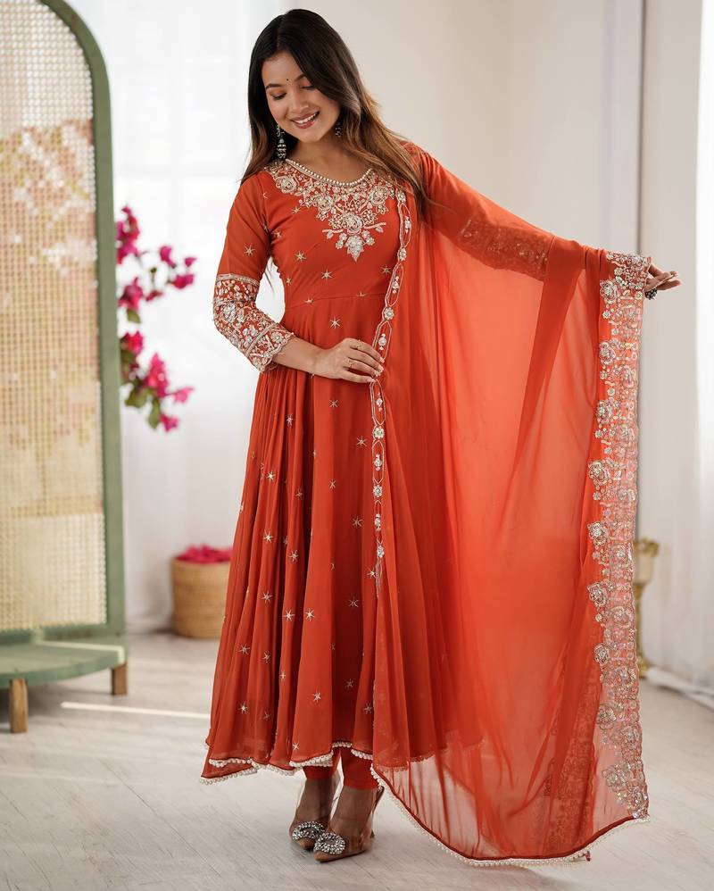 Orange color faux georgette embroidery work wedding wear gown