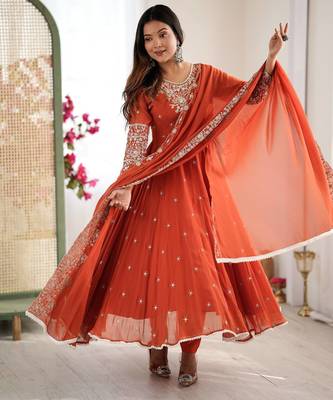Orange faux georgette embroidery work wedding wear gown 2