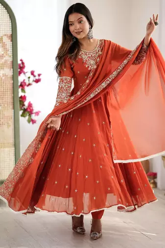 Orange faux georgette embroidery work wedding wear gown