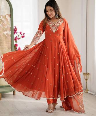 Orange faux georgette embroidery work wedding wear gown 3