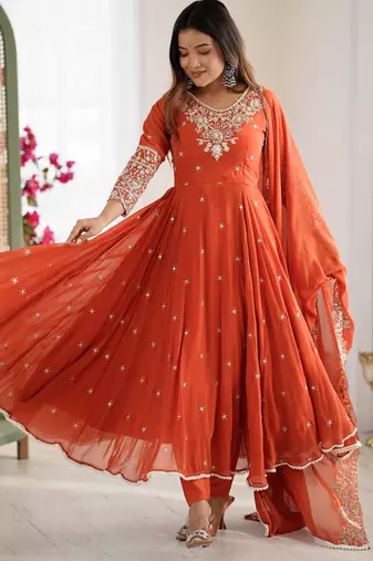 Orange faux georgette embroidery work wedding wear gown