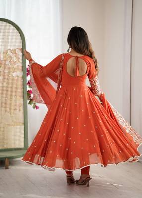 Orange faux georgette embroidery work wedding wear gown 4