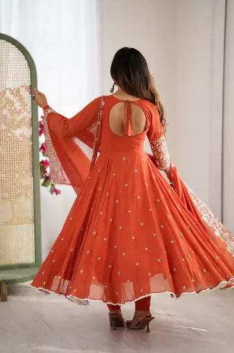 Orange faux georgette embroidery work wedding wear gown