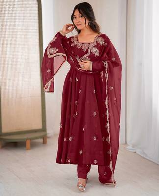 Maroon crunchy silk embroidery work wedding wear gown 1