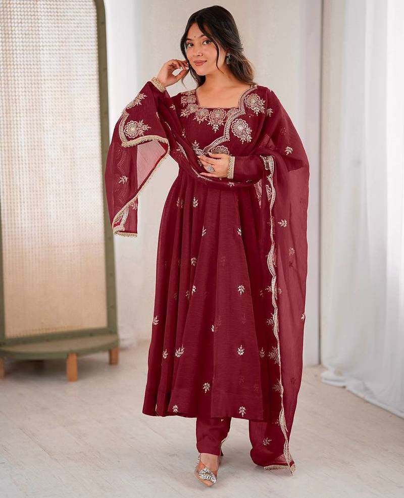 Maroon color crunchy silk embroidery work wedding wear gown
