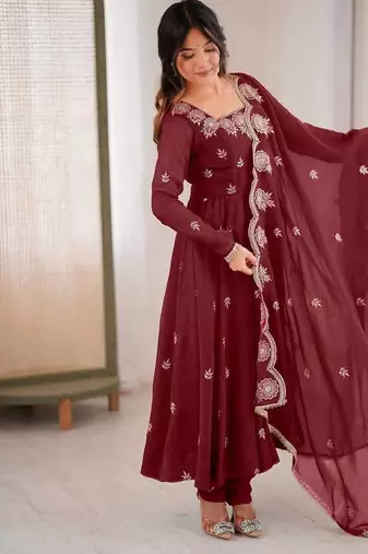 Maroon crunchy silk embroidery work wedding wear gown