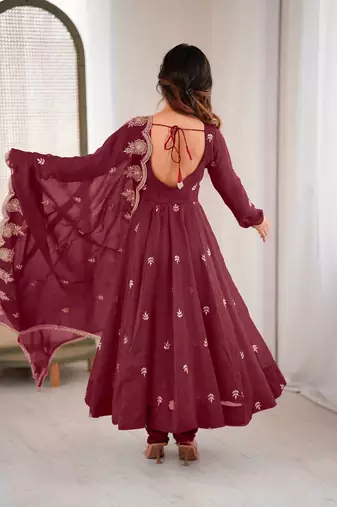Maroon crunchy silk embroidery work wedding wear gown