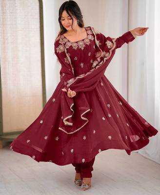Maroon crunchy silk embroidery work wedding wear gown 5