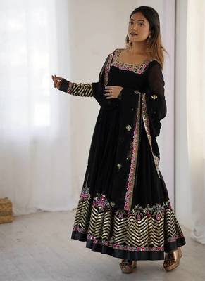 Black heavy georgette wedding wear embroidery work long gown 3