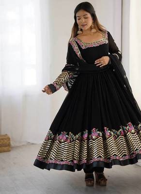 Black heavy georgette wedding wear embroidery work long gown 5