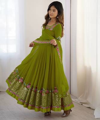 Green heavy georgette wedding wear embroidery work long gown 4