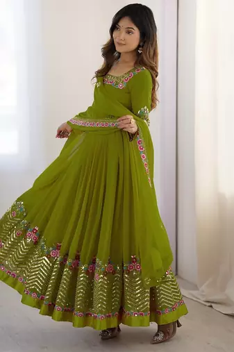 Green heavy georgette wedding wear embroidery work long gown