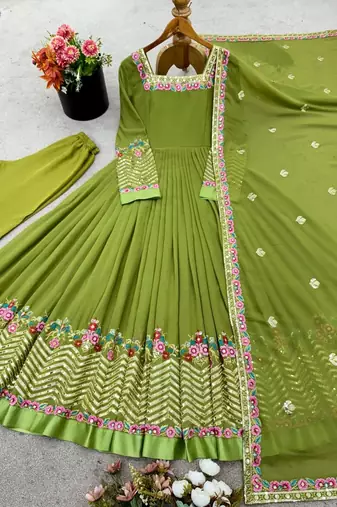 Green Heavy Georgette Wedding Embroidery Long Gown