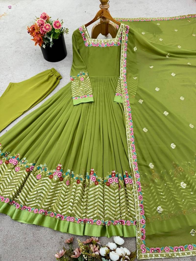 Green Heavy Georgette Wedding Embroidery Long Gown