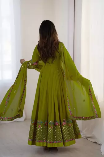 Green heavy georgette wedding wear embroidery work long gown