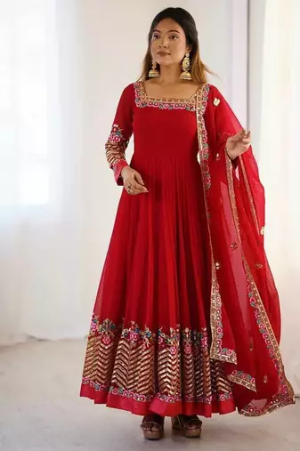 Red color heavy georgette wedding wear embroidery work long gown