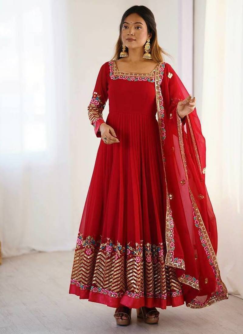 Red color heavy georgette wedding wear embroidery work long gown