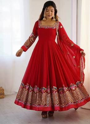 Red heavy georgette wedding wear embroidery work long gown 2