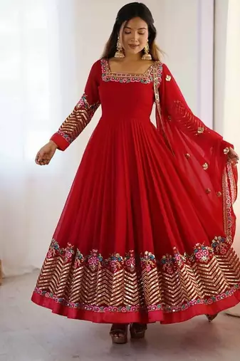 Red heavy georgette wedding wear embroidery work long gown
