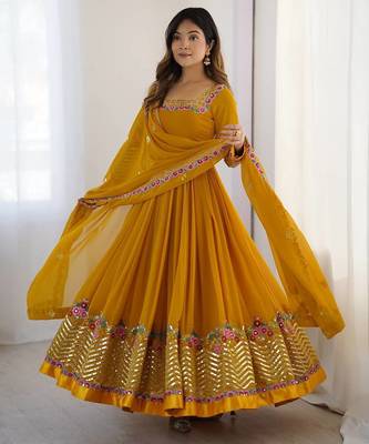 Yellow heavy georgette wedding wear embroidery work long gown 1