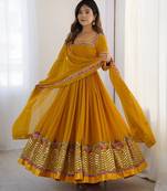Yellow heavy georgette wedding wear embroidery work long gown