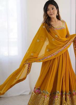 Yellow heavy georgette wedding wear embroidery work long gown 3