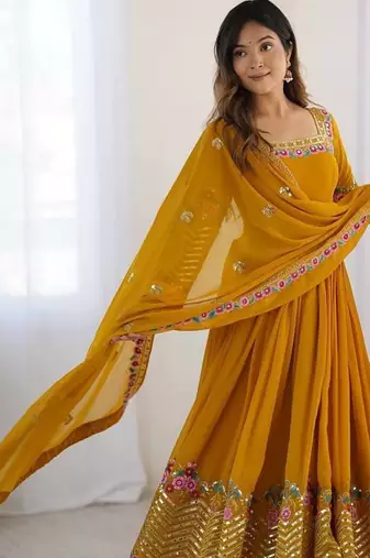Yellow heavy georgette wedding wear embroidery work long gown