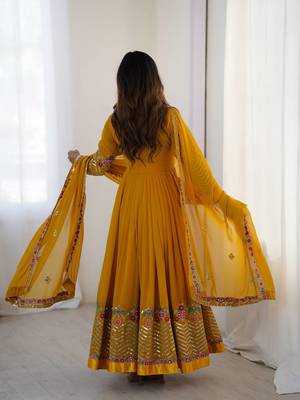 Yellow heavy georgette wedding wear embroidery work long gown 4