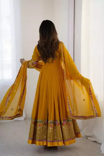Yellow heavy georgette wedding wear embroidery work long gown