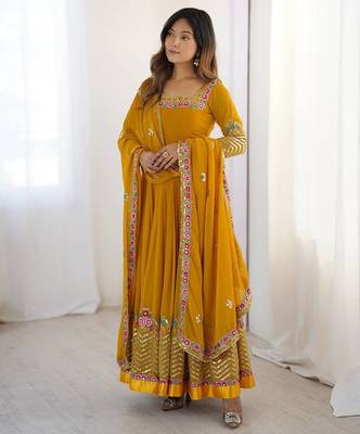 Yellow heavy georgette wedding wear embroidery work long gown 5