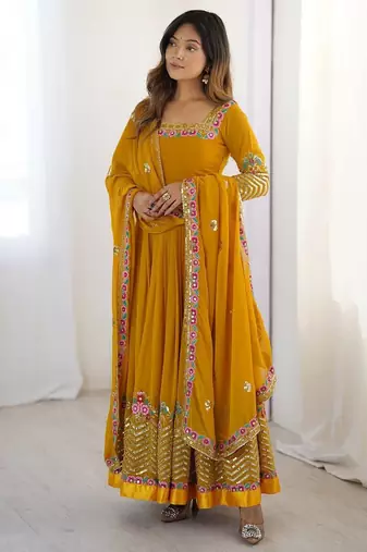 Yellow heavy georgette wedding wear embroidery work long gown
