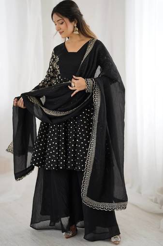 Black color crunchy silk embroidery work wedding wear salwar suit