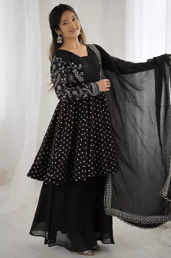Black crunchy silk embroidery work wedding wear salwar suit