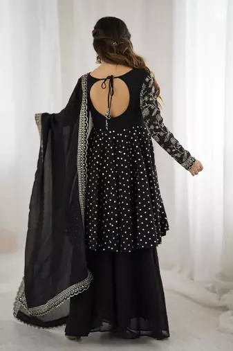 Black crunchy silk embroidery work wedding wear salwar suit