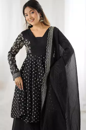 Black crunchy silk embroidery work wedding wear salwar suit