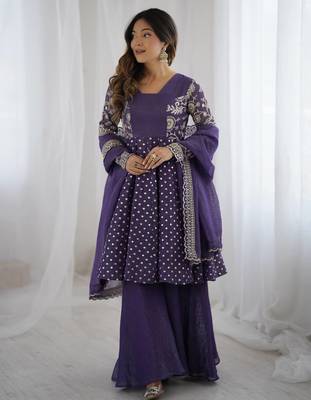 Lavender crunchy silk embroidery work wedding wear salwar suit 1