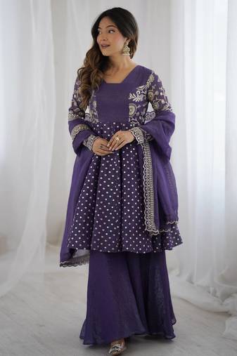 Lavender color crunchy silk embroidery work wedding wear salwar suit