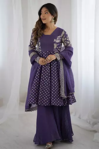 Lavender color crunchy silk embroidery work wedding wear salwar suit